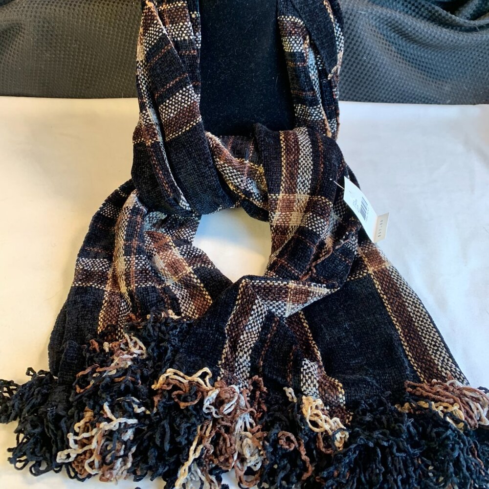 Vintage Chenille Black / Brown/ White Fringed Scarf